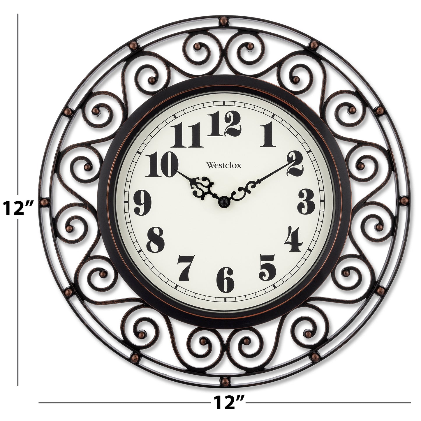 Westclox 12" Scroll Wall Clock, Open Frame, Black & Gold, Metal Hands, Glass Lens