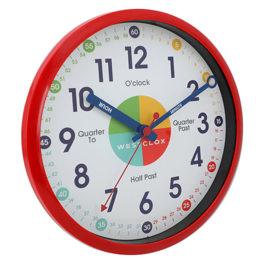Westclox 12" Time Teacher Wall Clock, Educational Dial, Quiet, Gloss Red, Metal Hands, Glass Lens