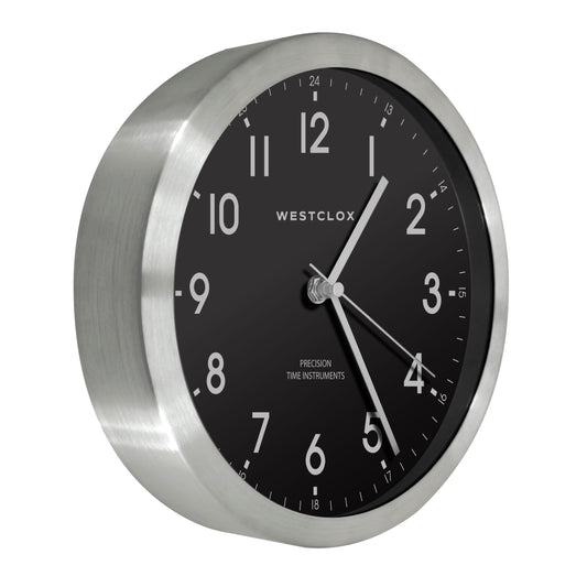 Westclox 9" Metal Wall Clock – Brushed Silver Frame with Black Dial