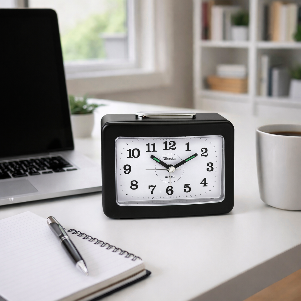 Westclox Rectangle Alarm Clock, Quiet, Dial Light, Loud Alarm, Black/Chrome