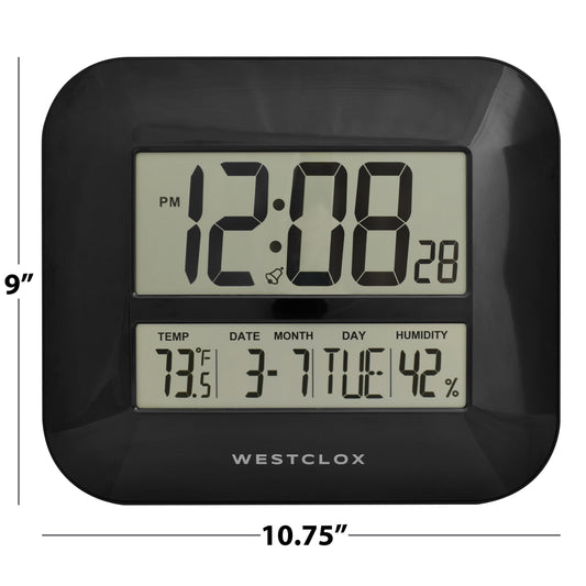 Westclox Black Large Digital Wall Clock Modern Style with Date, Temperature, Humidity