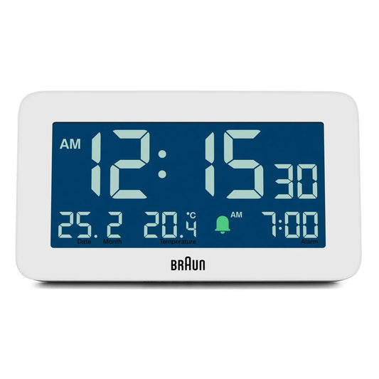 Braun BC10 Digital Alarm Clock – Auto Backlight & Temperature Display (White)