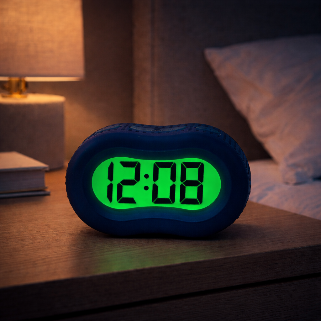 Timelink Alarm Clock, Large Time Display, Automatic Night Light, Navy Blue Rubber Case