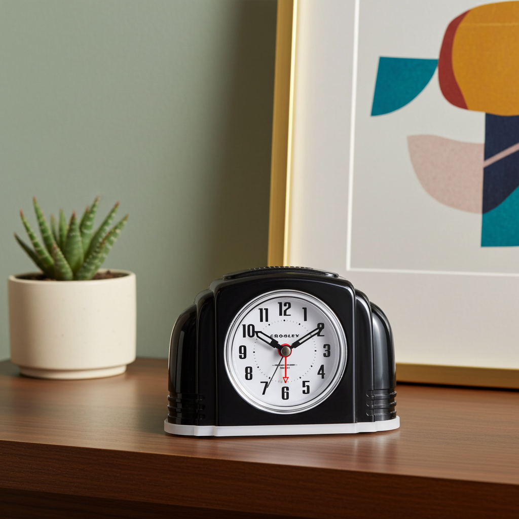 Crosley Art Deco Alarm Clock, Black "Bakelite" Style Finish, Chrome Metal Trim, Quiet Seconds Hand