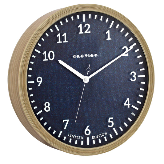 Crosley 15" Denim Blue & Woodgrain Wall Clock – Natural Frame Design