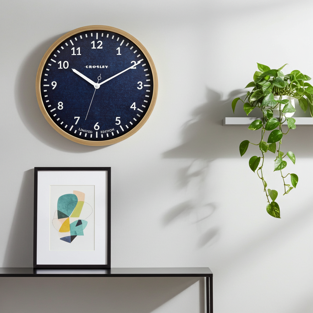Crosley 15" Denim Blue & Woodgrain Wall Clock – Natural Frame Design