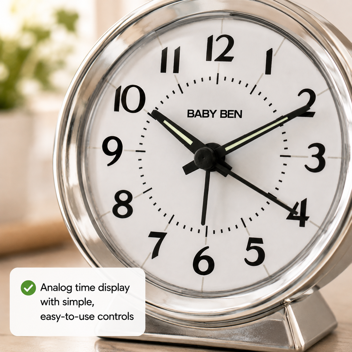 Baby Ben Iconic Alarm Clock, Loud Beeping Alarm, Chrome Finish Metal Case, Easy Controls