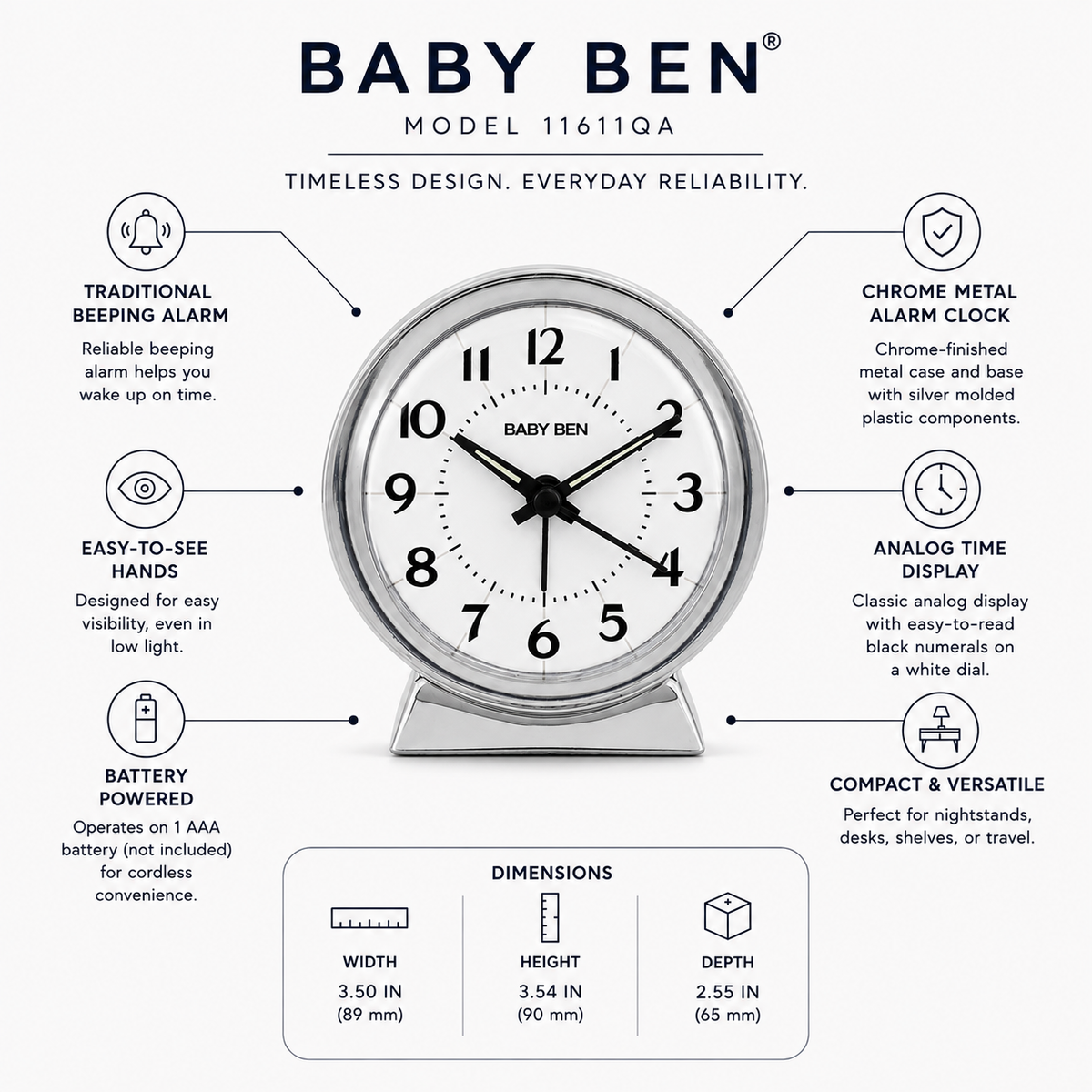 Baby Ben Iconic Alarm Clock, Loud Beeping Alarm, Chrome Finish Metal Case, Easy Controls