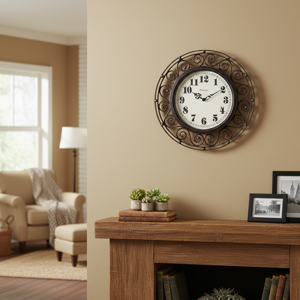 Westclox 12" Scroll Wall Clock, Open Frame, Black & Gold, Metal Hands, Glass Lens