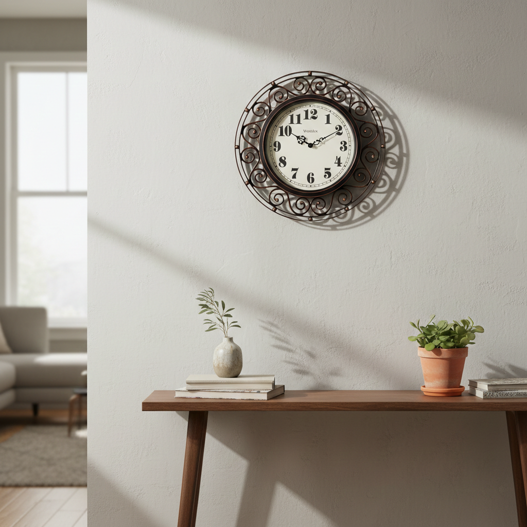 Westclox 12" Scroll Wall Clock, Open Frame, Black & Gold, Metal Hands, Glass Lens