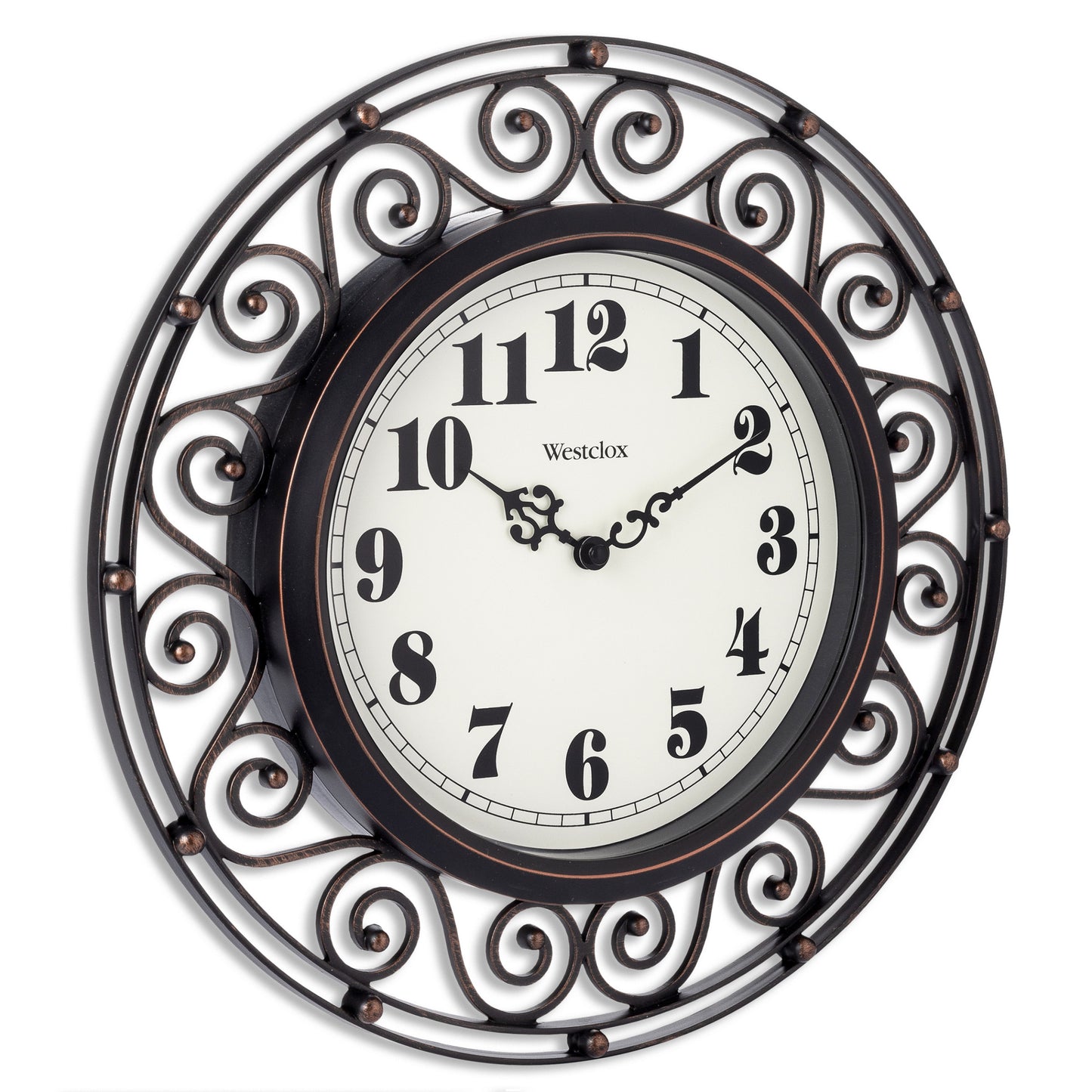 Westclox 12" Scroll Wall Clock, Open Frame, Black & Gold, Metal Hands, Glass Lens