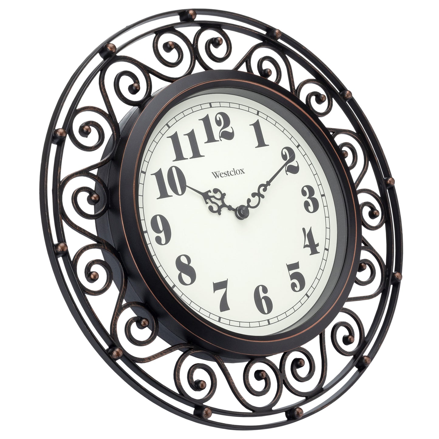 Westclox 12" Scroll Wall Clock, Open Frame, Black & Gold, Metal Hands, Glass Lens