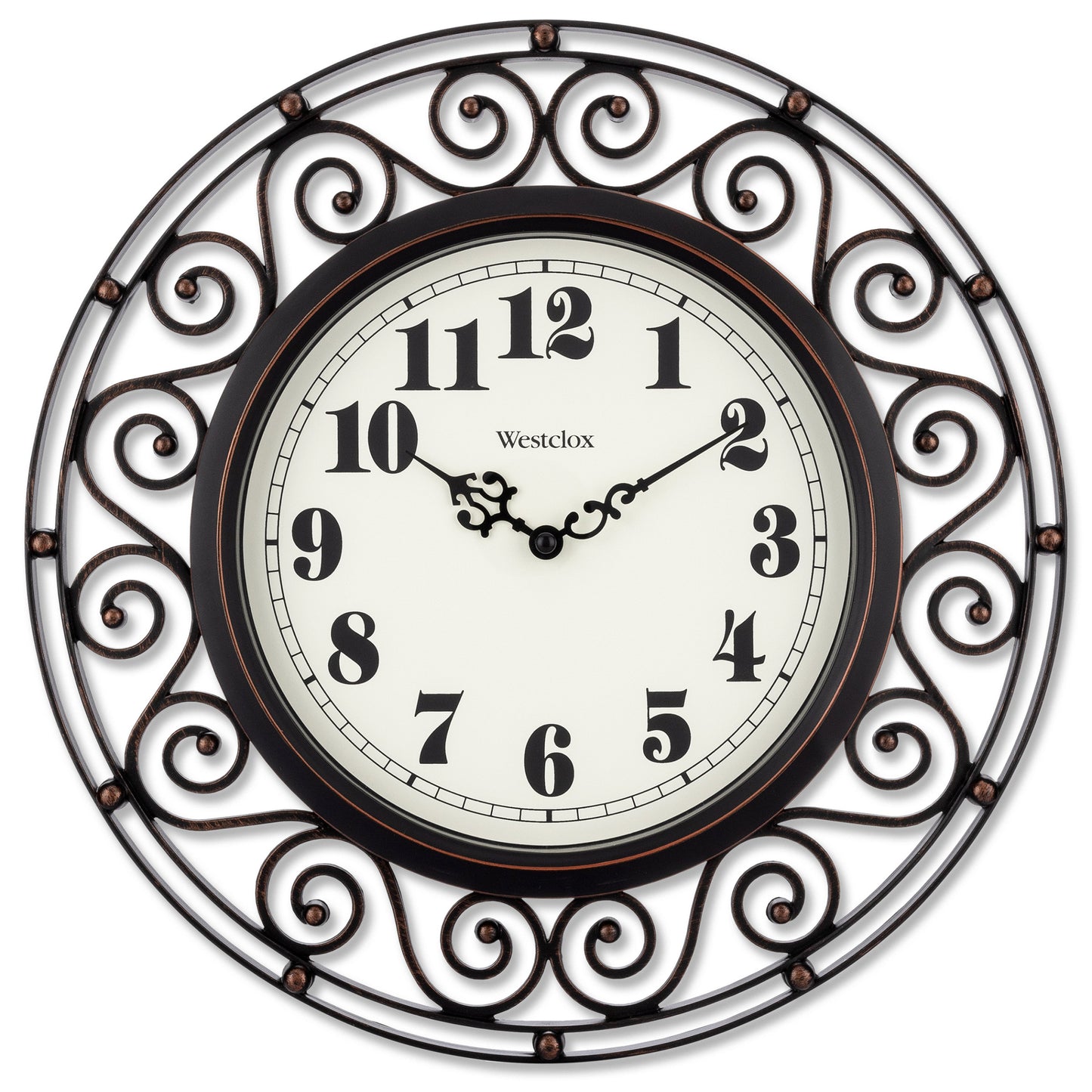 Westclox 12" Scroll Wall Clock, Open Frame, Black & Gold, Metal Hands, Glass Lens