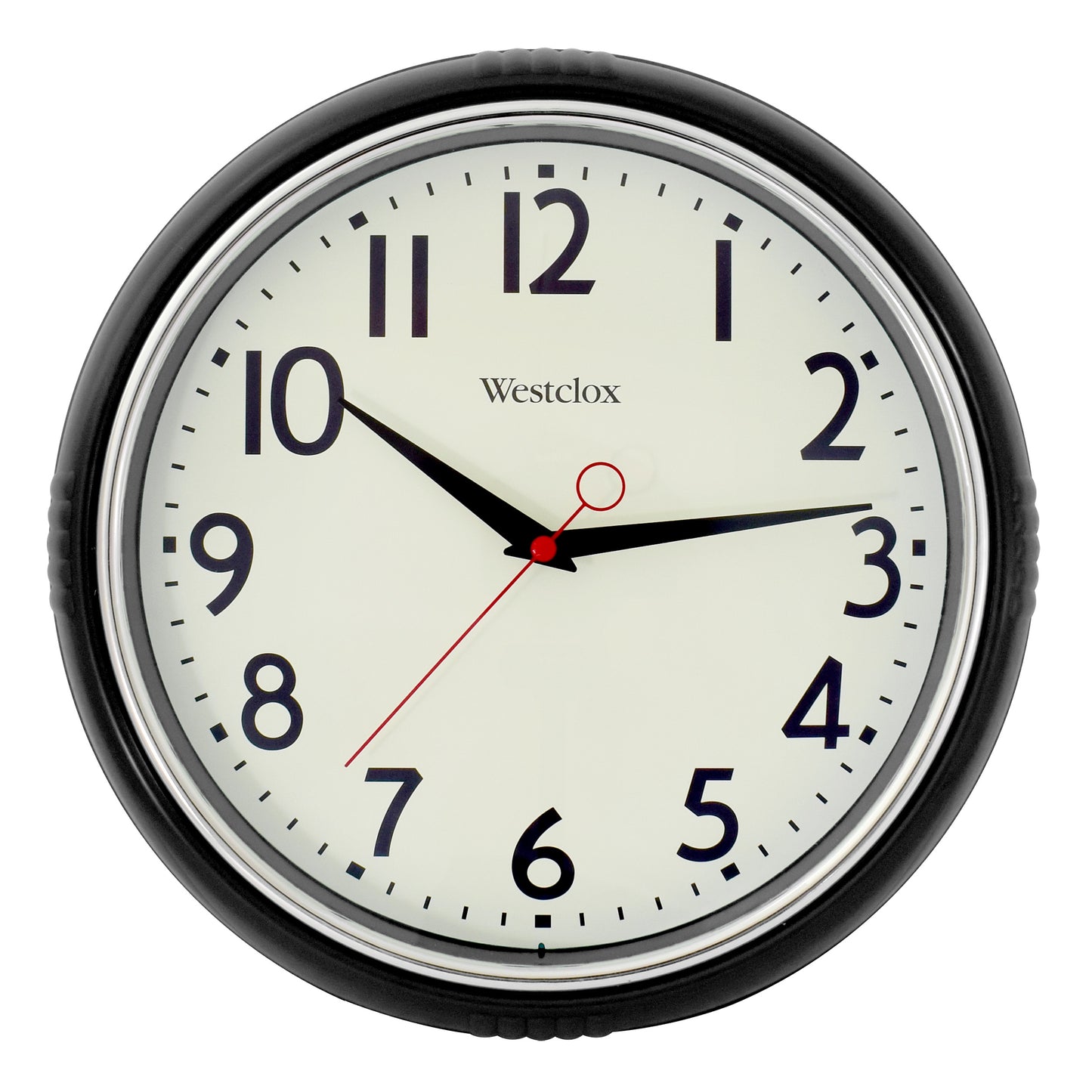 Westclox 12" Black Retro Wall Clock – Gloss Finish with Chrome Bezel