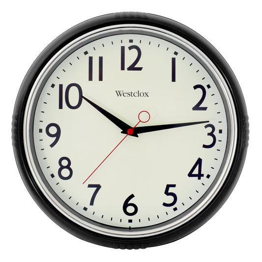 Westclox 12" Black Retro Wall Clock – Gloss Finish with Chrome Bezel