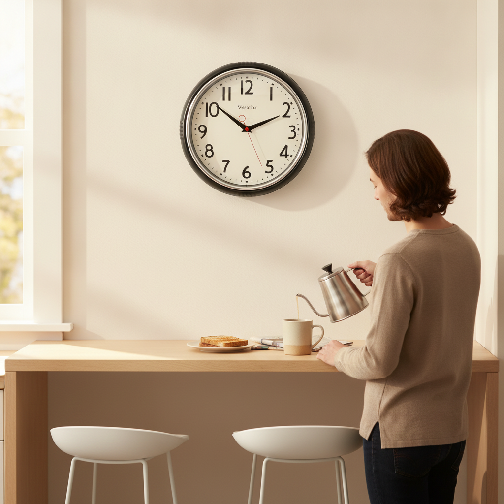 Westclox 12" Black Retro Wall Clock – Gloss Finish with Chrome Bezel