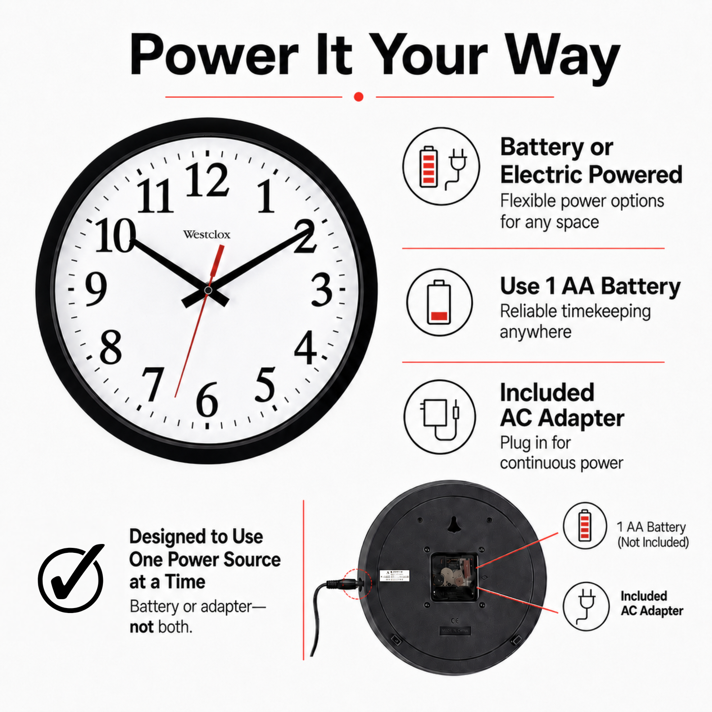 Westclox 14" Wall Clock, Battery or Electric Operated, Large Easy-to-Read Black & White Dial