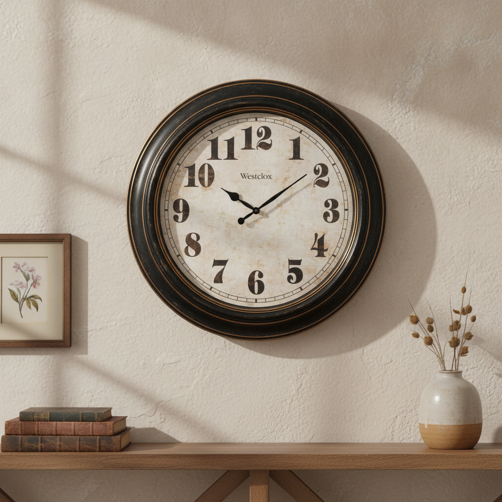 Westclox 20" Vintage Distressed Wall Clock – Black & Gold Frame