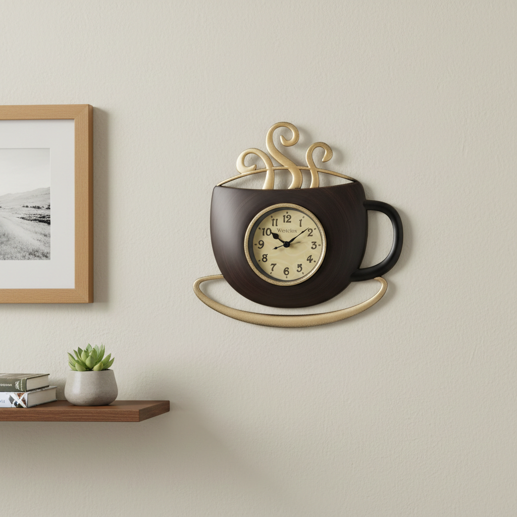 Westclox 12" Coffee Cup Wall Clock, 3D Design, Brown Finish, Metal Hands, Glass Lens