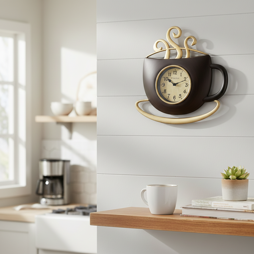 Westclox 12" Coffee Cup Wall Clock, 3D Design, Brown Finish, Metal Hands, Glass Lens