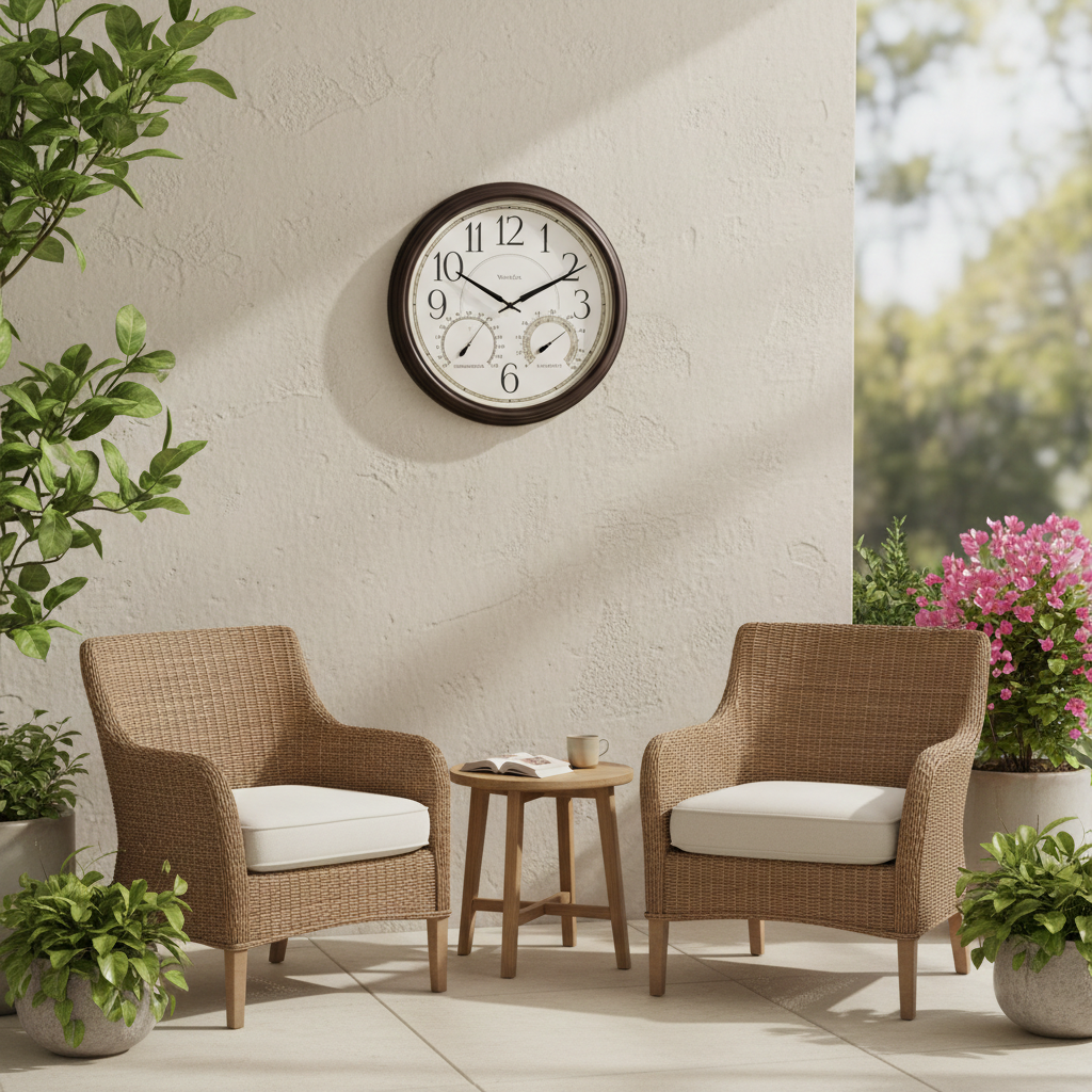 Westclox 20" Indoor/Outdoor Wall Clock, Temp/Humidity, Bronze, Weather-Resistant, Glass Lens