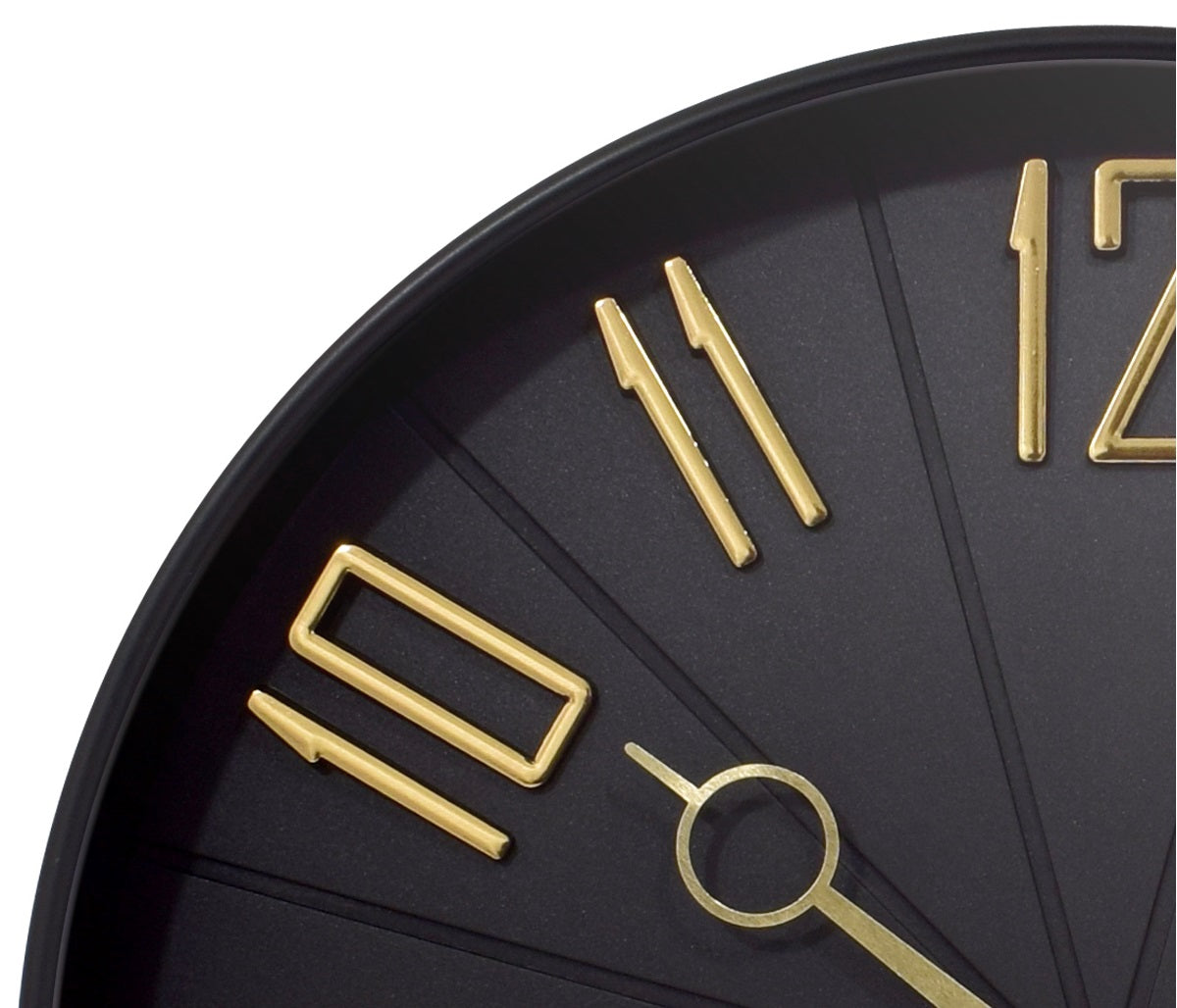 Westclox 12" Contemporary Wall Clock, Raised Gold Numbers, Satin Black, Gold Hands, Glass Lens