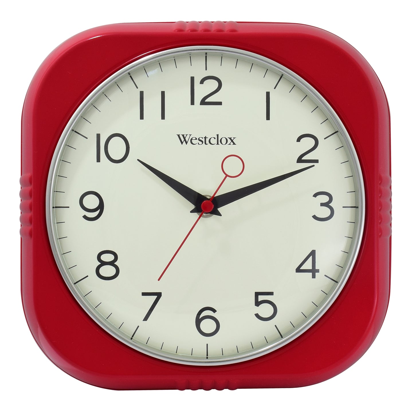 Westclox 9.5" Red Retro Square Wall Clock – Gloss Finish & Chrome Bezel