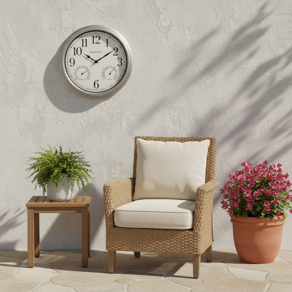 Westclox 15.75 Inch Weather Resistant Outdoor Wall Clock with Temperature and Humidity Display