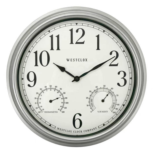 Westclox 15.75 Inch Weather Resistant Outdoor Wall Clock with Temperature and Humidity Display