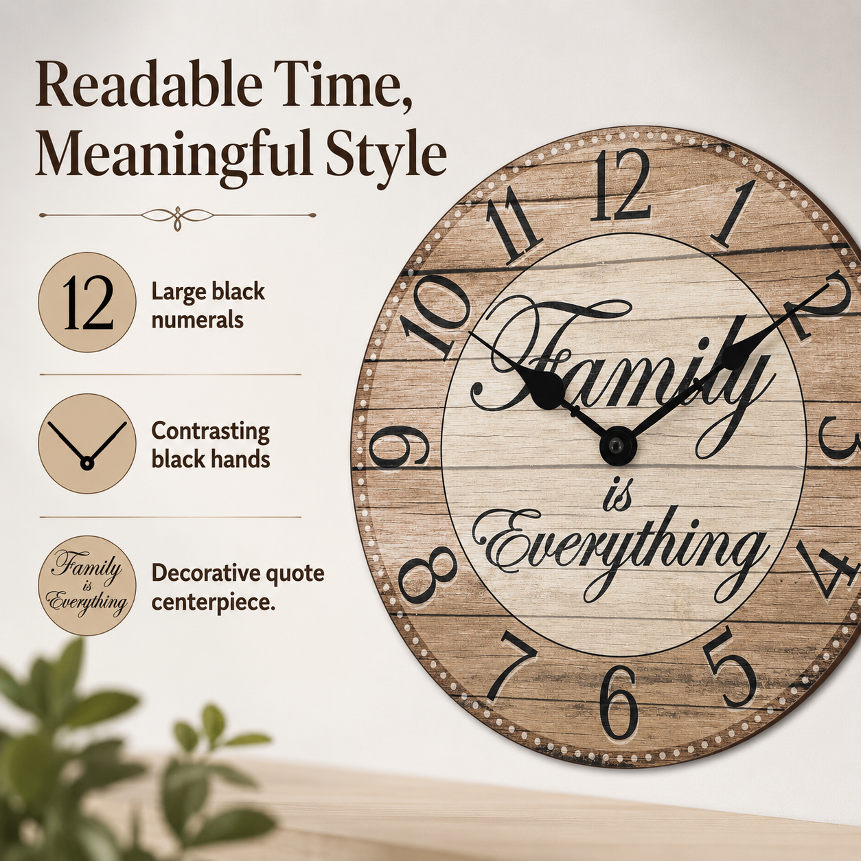 Westclox 11" Inspirational Wall Clock, Family Dial, Woodgrain MDF, Metal Hands