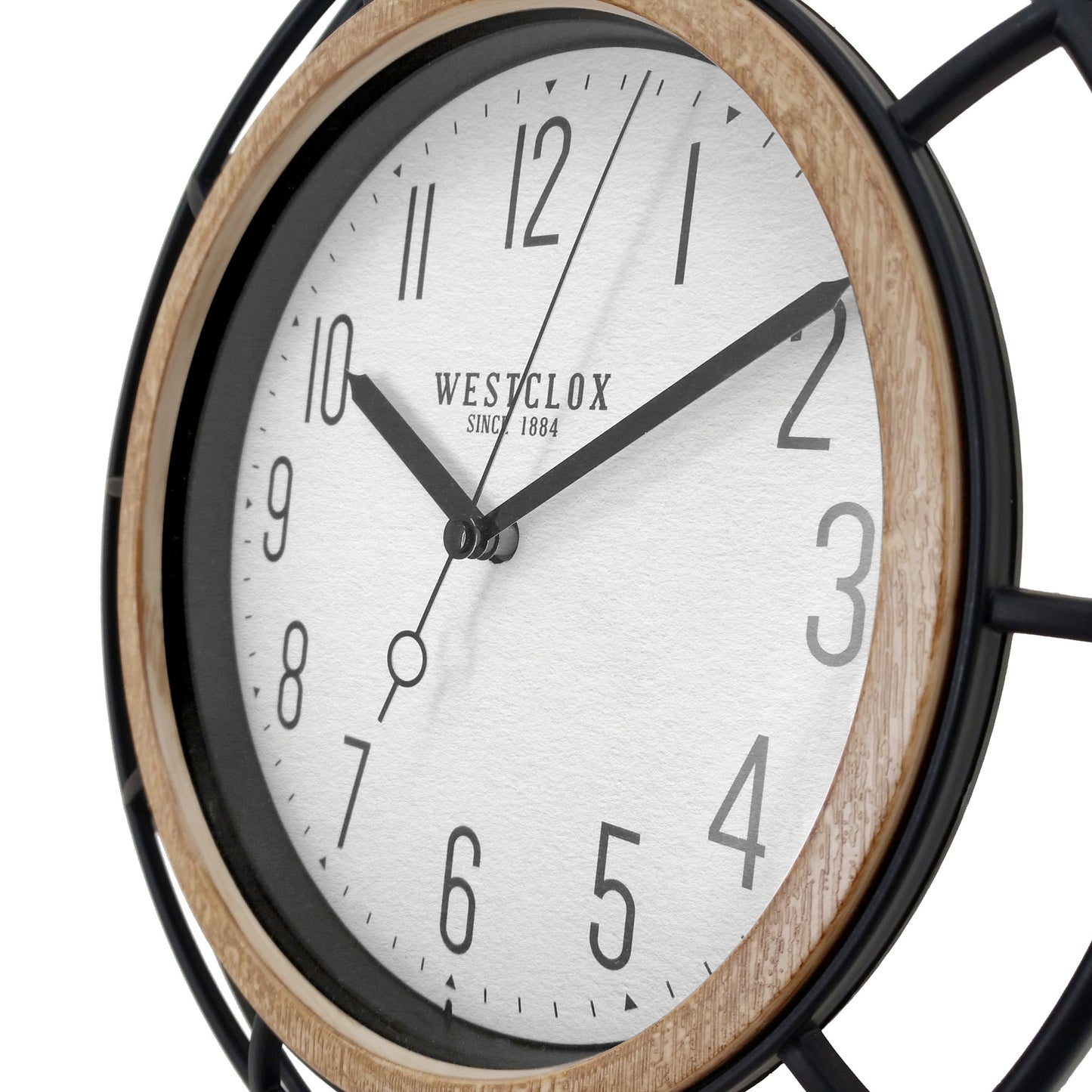 Westclox 12" Cage Wall Clock – Wrought Iron Look with Woodgrain Bezel