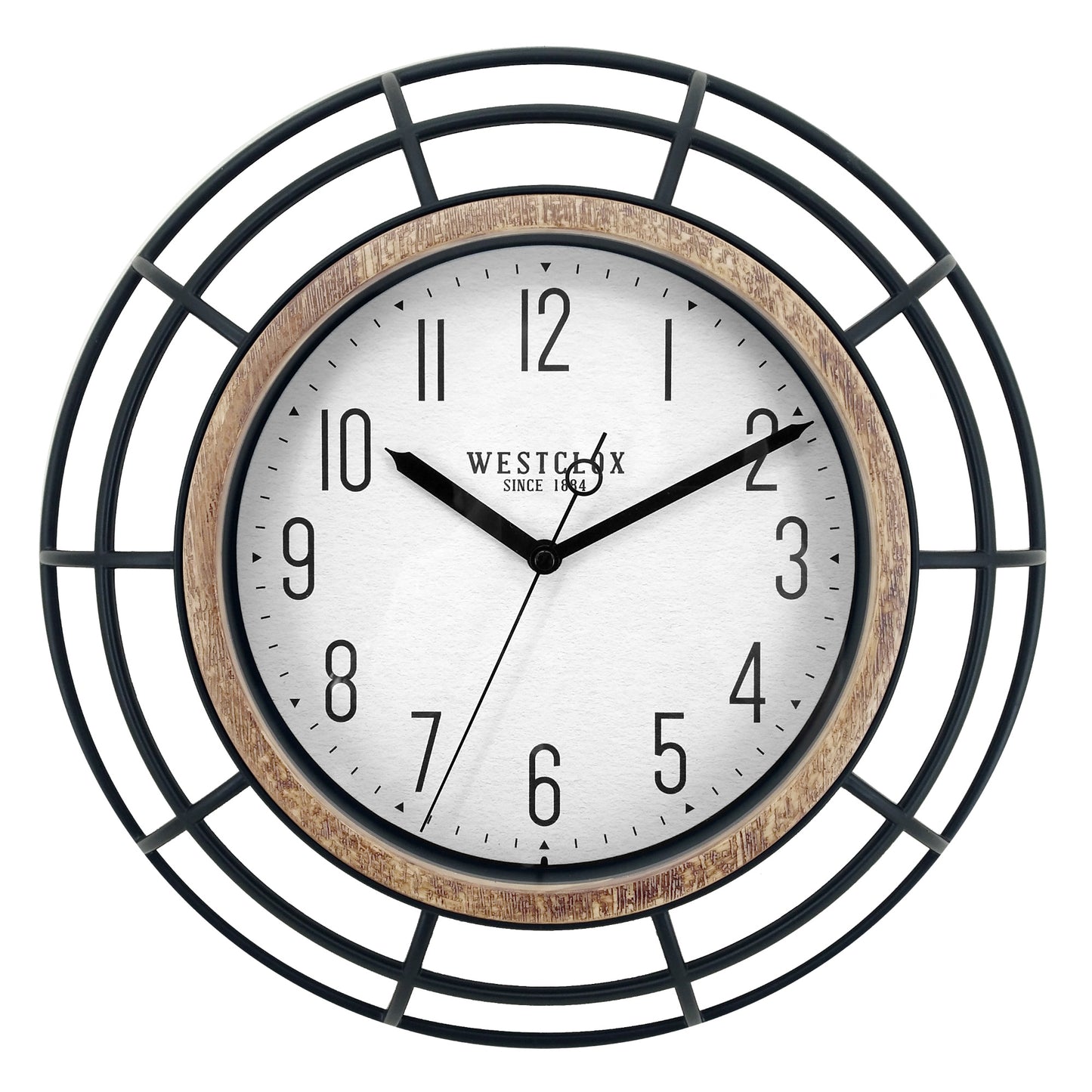 Westclox 12" Cage Wall Clock – Wrought Iron Look with Woodgrain Bezel