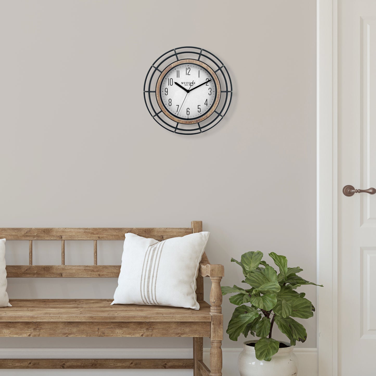 Westclox 12" Cage Wall Clock – Wrought Iron Look with Woodgrain Bezel
