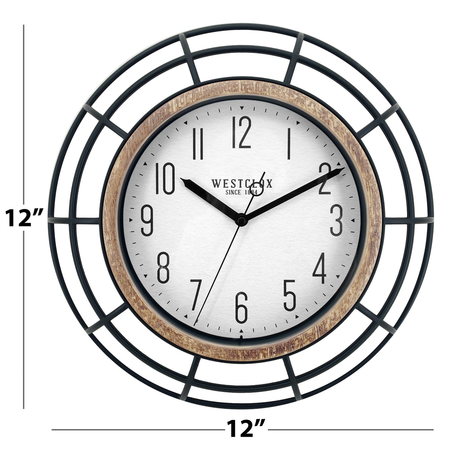 Westclox 12" Cage Wall Clock – Wrought Iron Look with Woodgrain Bezel