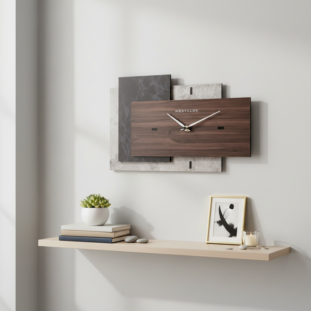 Westclox 15" x 9" Faux Cement, Marble & Woodgrain Wall Clock