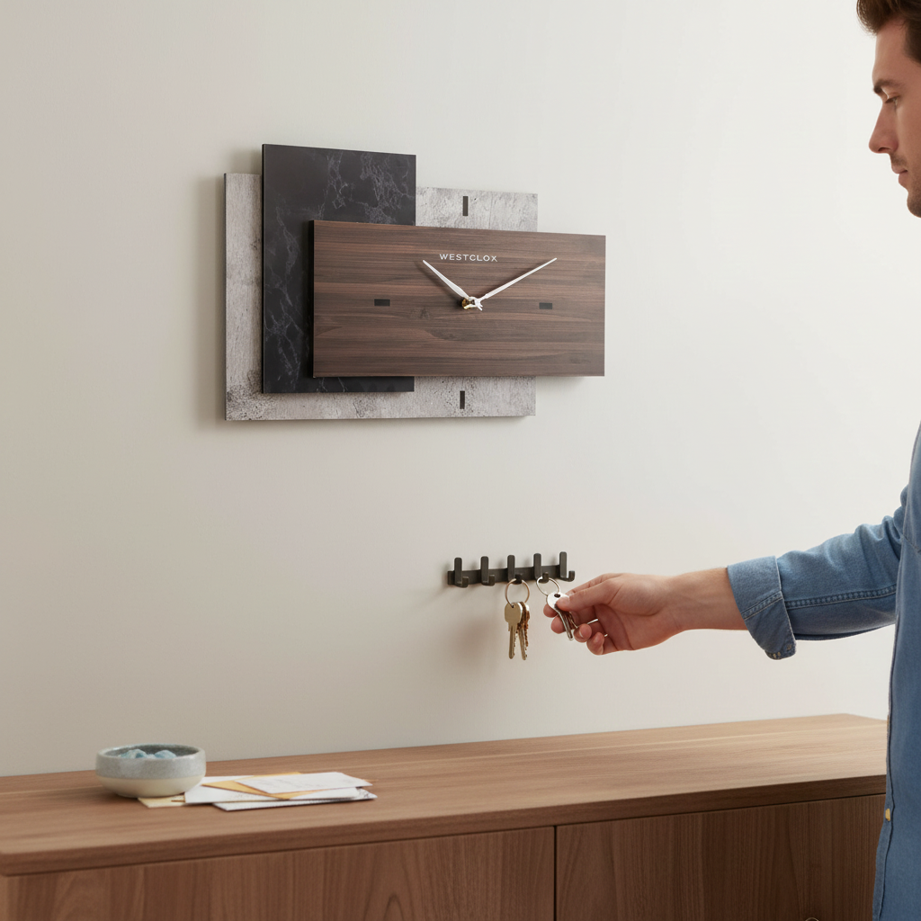 Westclox 15" x 9" Faux Cement, Marble & Woodgrain Wall Clock