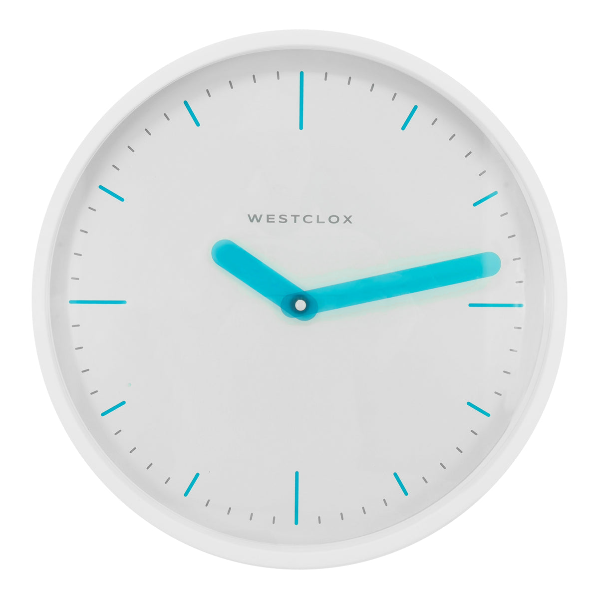 Westclox 14" Contemporary White Wall Clock with Transparent Teal Hands – Modern Analog Wall Clock
