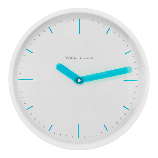 Westclox 14" Contemporary White Wall Clock with Transparent Teal Hands – Modern Analog Wall Clock
