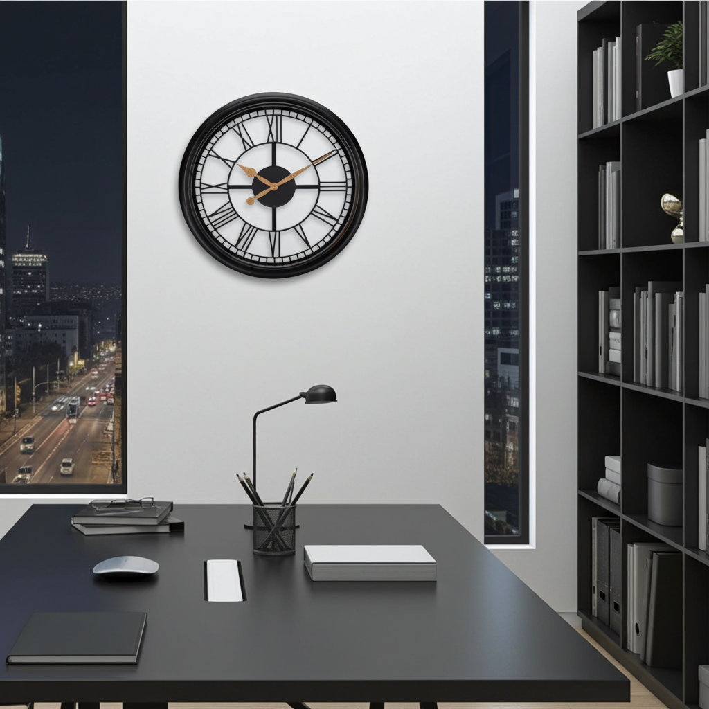 Westclox 18.5" Open Dial Wall Clock, Roman Numerals, Black/Gold Frame, Metal Hands, Glass Lens