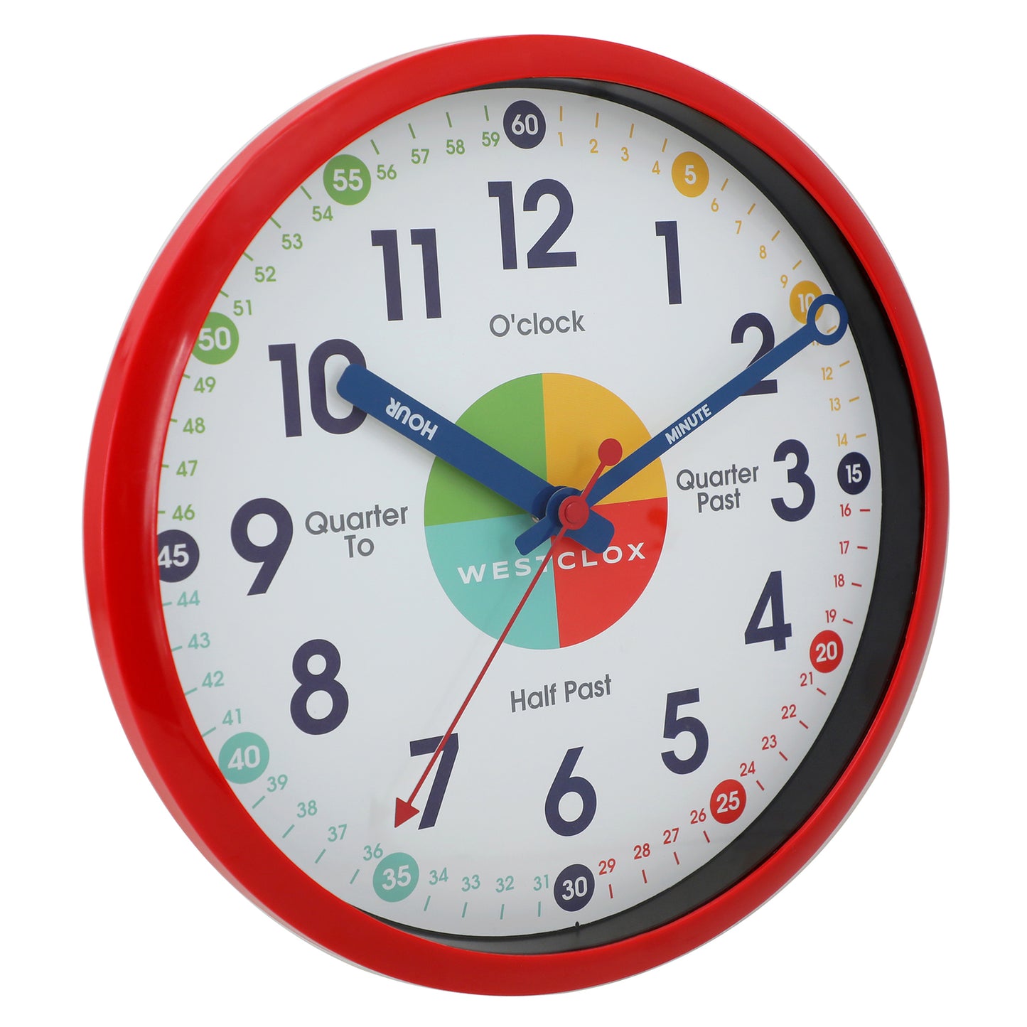 Westclox 12" Time Teacher Wall Clock, Educational Dial, Quiet, Gloss Red, Metal Hands, Glass Lens