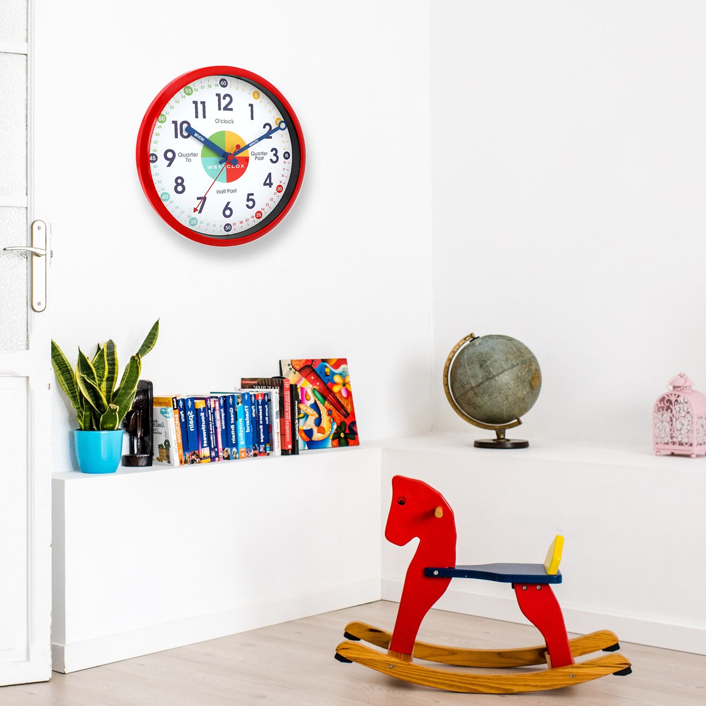 Westclox 12" Time Teacher Wall Clock, Educational Dial, Quiet, Gloss Red, Metal Hands, Glass Lens