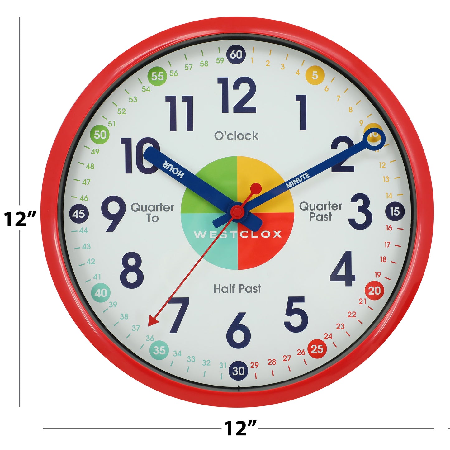 Westclox 12" Time Teacher Wall Clock, Educational Dial, Quiet, Gloss Red, Metal Hands, Glass Lens