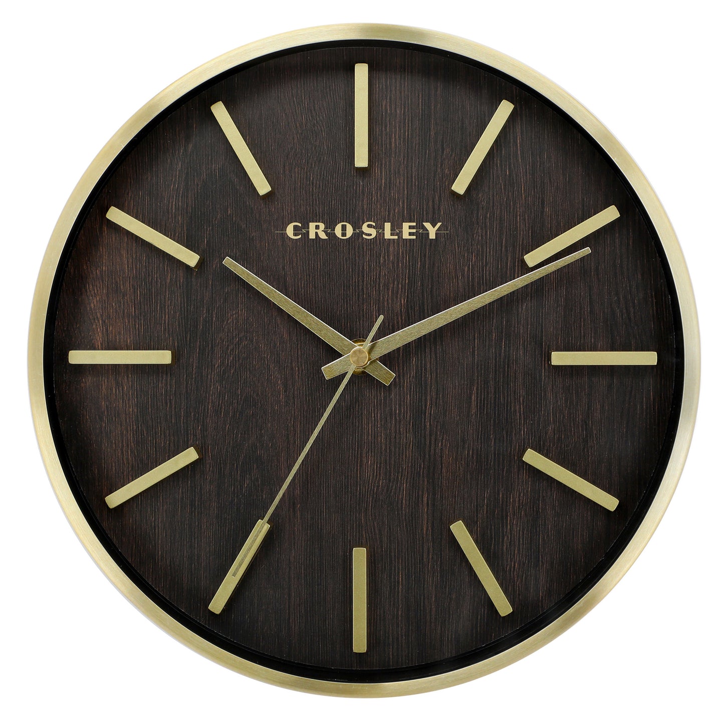 Crosley 10" Wall Clock, Dark Walnut Woodgrain Dial, Brushed Gold Metal Frame, Glass Lens