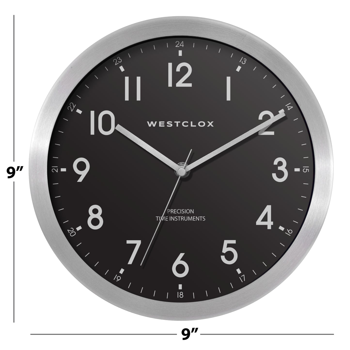Westclox 9" Metal Wall Clock – Brushed Silver Frame with Black Dial