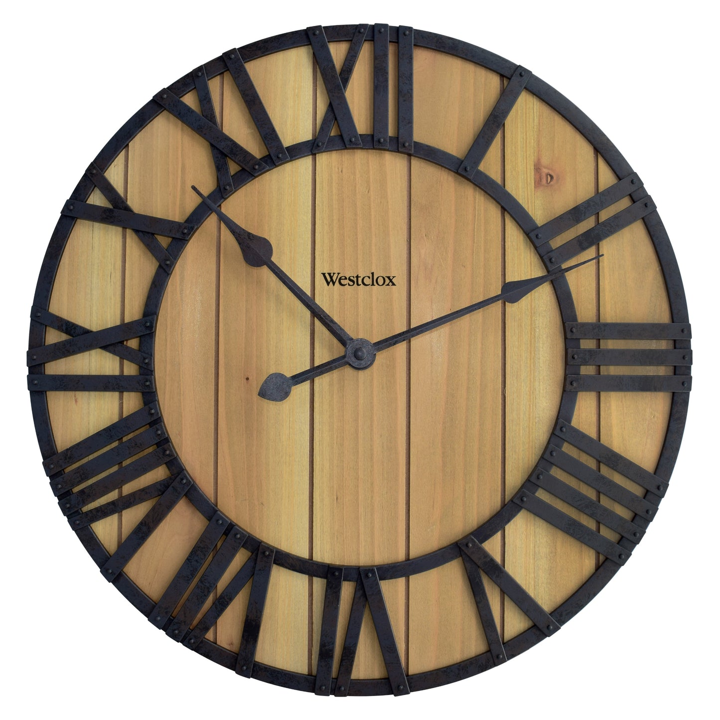 Westclox 16" Farmhouse Plank Wood Wall Clock – Distressed Roman Numerals