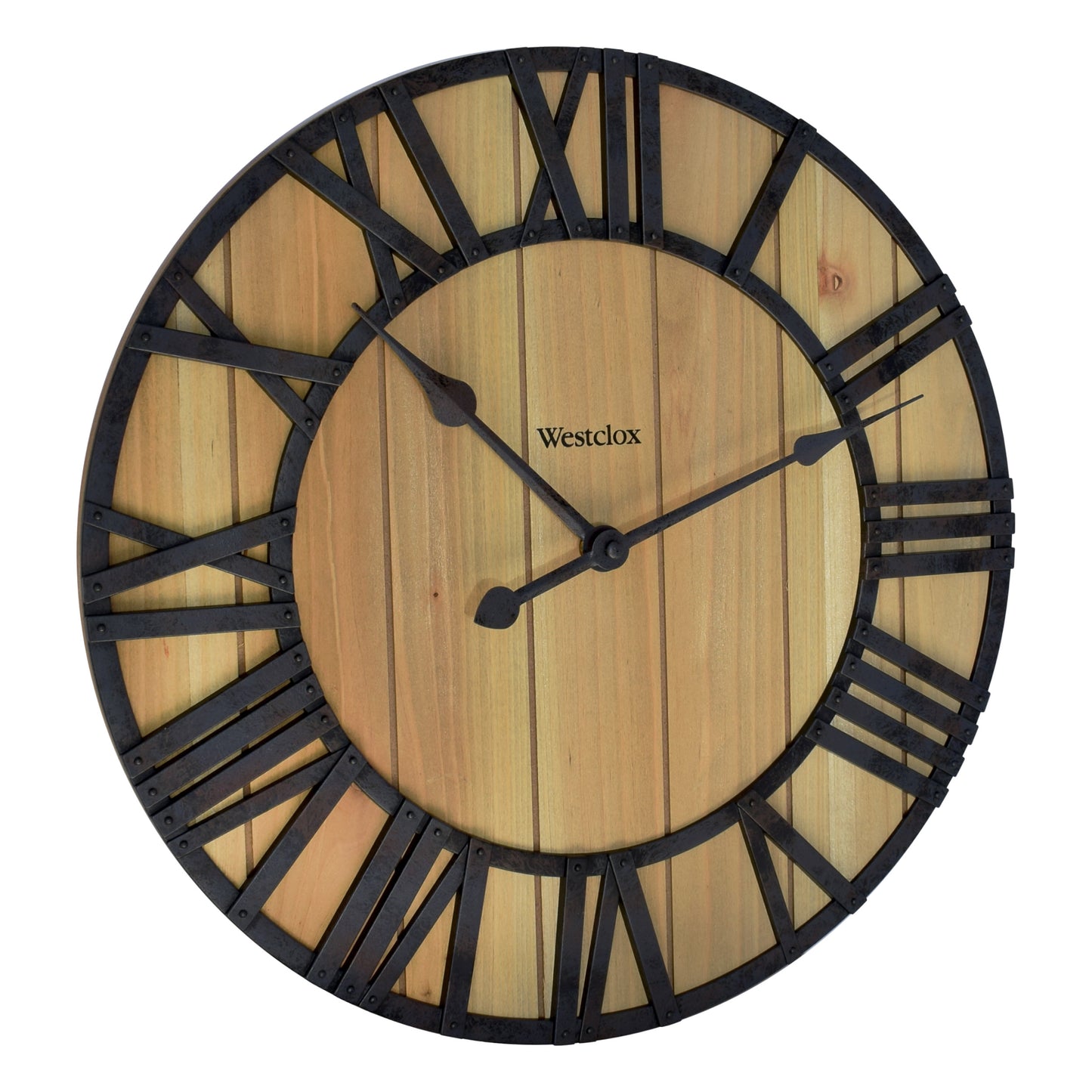 Westclox 16" Farmhouse Plank Wood Wall Clock – Distressed Roman Numerals