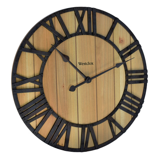 Westclox 16" Farmhouse Plank Wood Wall Clock – Distressed Roman Numerals