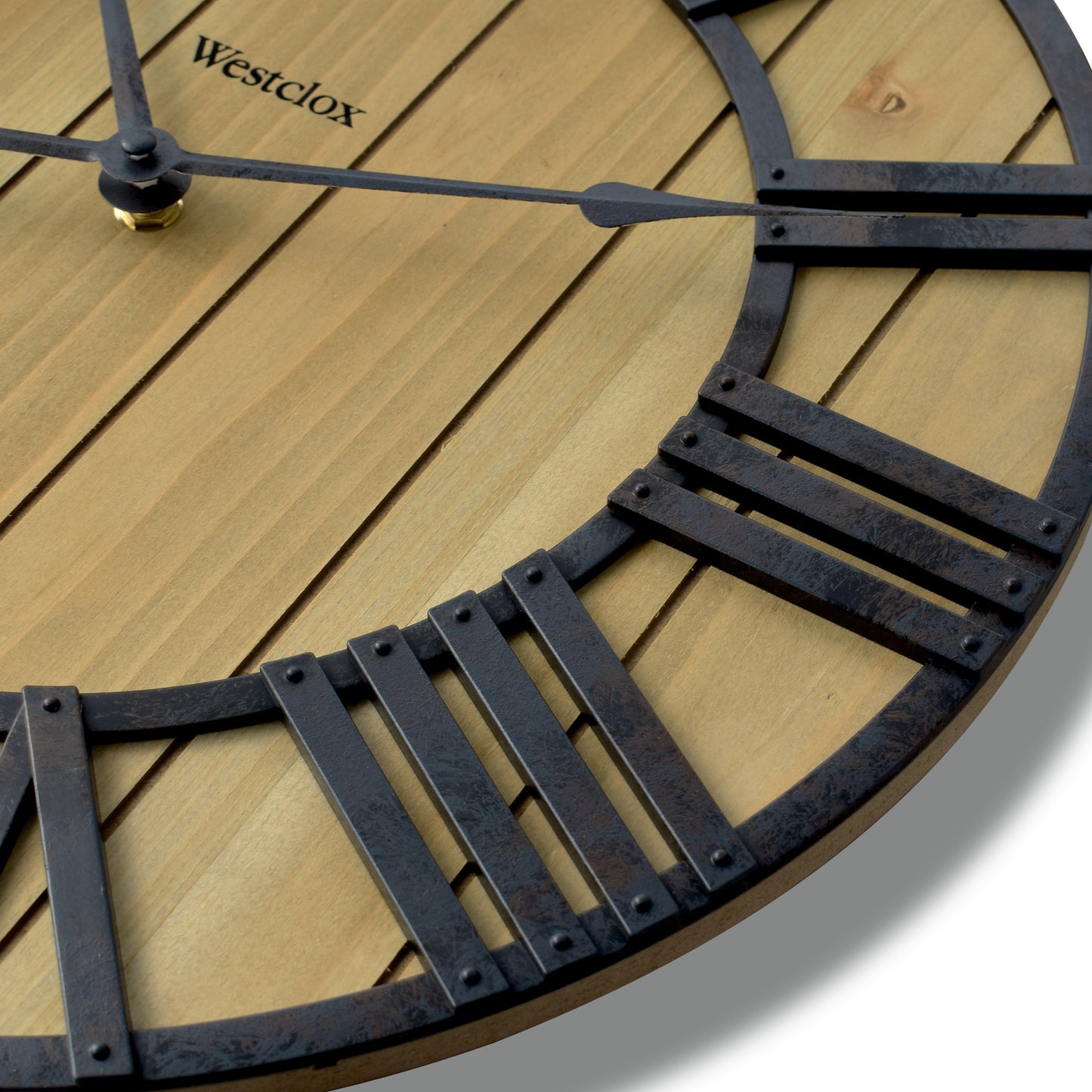 Westclox 16" Farmhouse Plank Wood Wall Clock – Distressed Roman Numerals