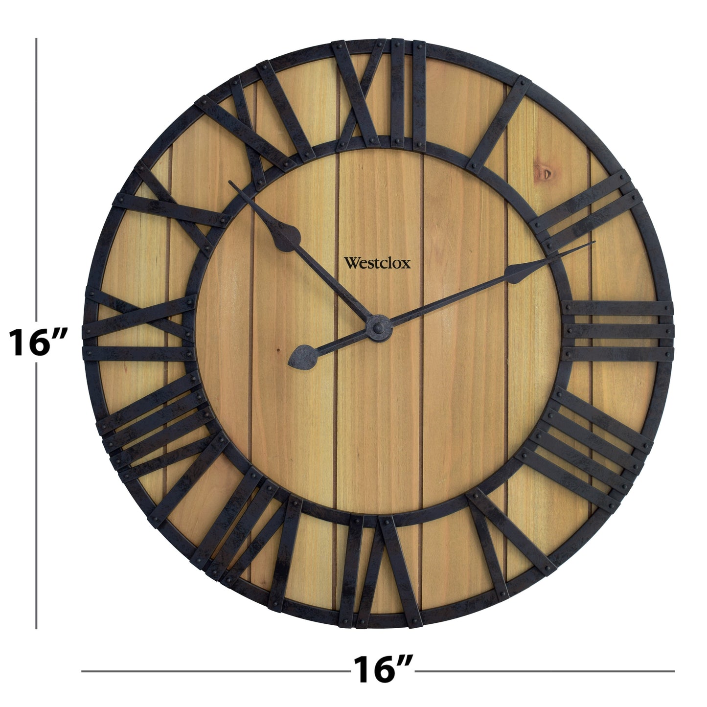 Westclox 16" Farmhouse Plank Wood Wall Clock – Distressed Roman Numerals