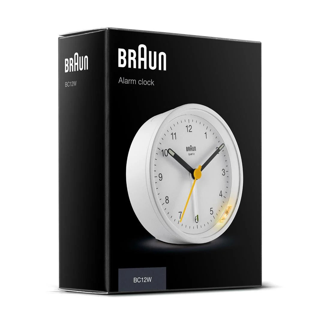 Braun BC12 Analogue Alarm Clock – Iconic Yellow Hand & Quiet Quartz (White)